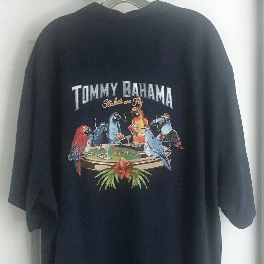 Tommy Bahama (2XL) Embroidered “STAKES ARE FLY” Silk Camp Shirt